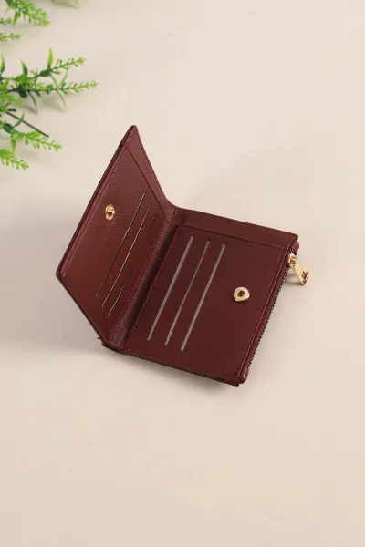 Bordo Yazı Detaylı Fermuarlı Kadın Cüzdan 428301