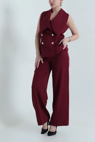 Bordo Yelek Pantolon Kadın Dabıl İkili Takım 444699