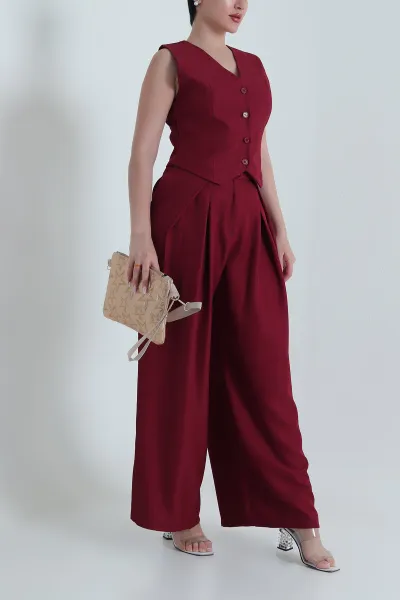 bordo-yelekli-keten-kadin-ikili-takim-465267