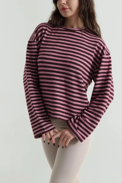 Bordo Yeni Sezon Çizgili Kadın Bluz 498917