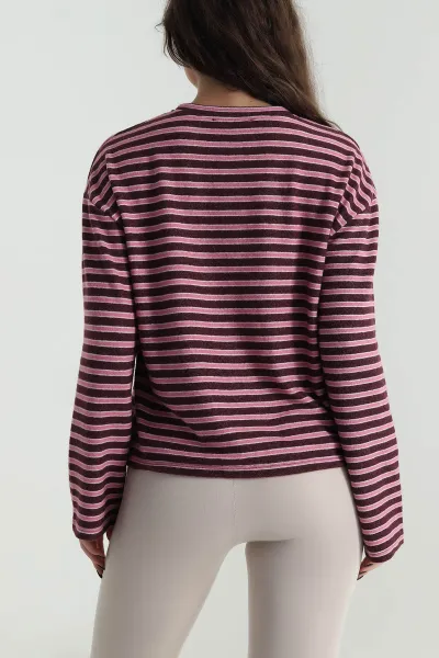 Bordo Yeni Sezon Çizgili Kadın Bluz 498917