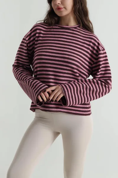 Bordo Yeni Sezon Çizgili Kadın Bluz 498917