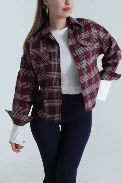 Bordo Yeni Sezon Ekose Kadın Gömlek 496657