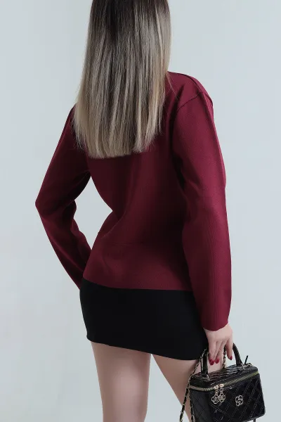 Bordo Yeni Sezon Fermuarlı Triko Kadın Hırka 493492