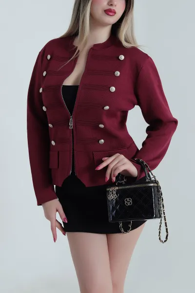 Bordo Yeni Sezon Fermuarlı Triko Kadın Hırka 493492