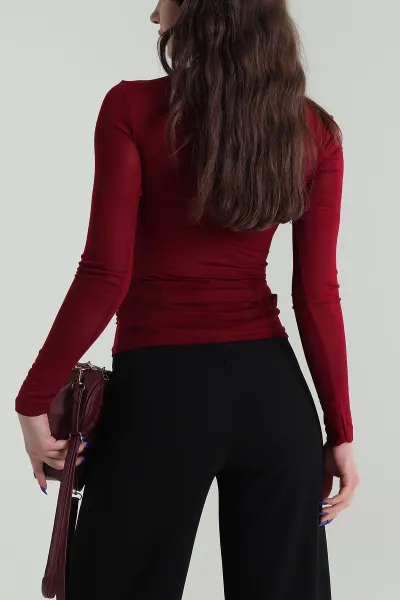 Bordo Yeni Sezon Transparan Viskon Kadın Bluz 424780