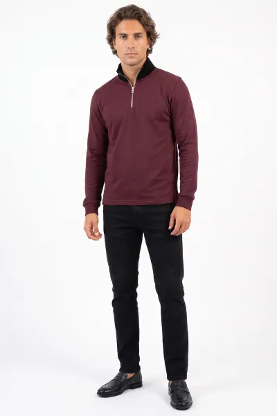 Bordo Yeni Sezon Yarım Fermuarlı Erkek Sweatshirt 501127