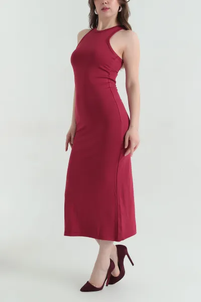 Bordo Yırtmaçlı Askılı Kompak Kadın Elbise 354071
