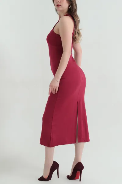 Bordo Yırtmaçlı Askılı Kompak Kadın Elbise 354071