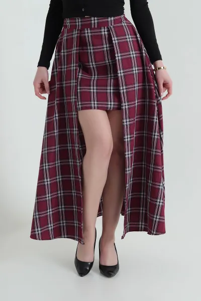 Bordo Yırtmaçlı Ekose Kadın Etek 433221