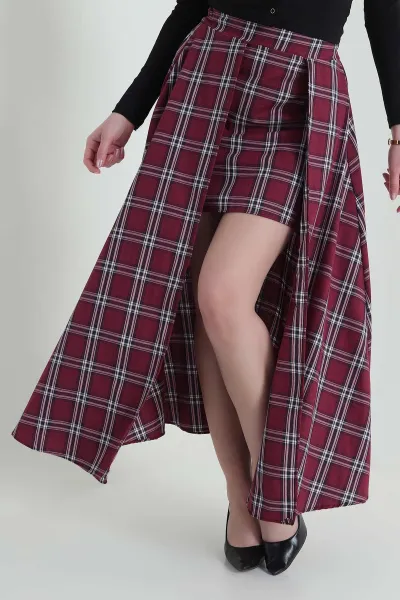 Bordo Yırtmaçlı Ekose Kadın Etek 433221