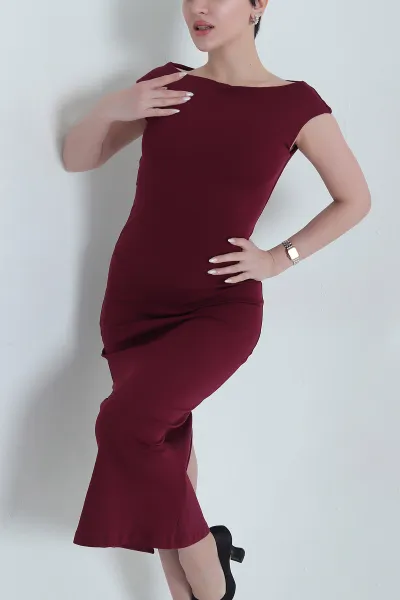 Bordo Yırtmaçlı Kolsuz Kadın Elbise 448239
