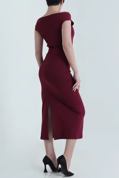 Bordo Yırtmaçlı Kolsuz Kadın Elbise 448239
