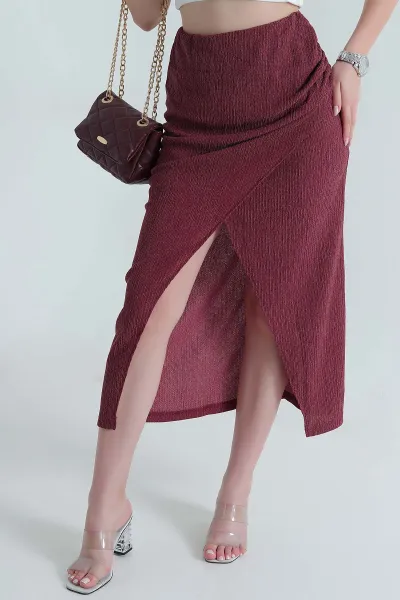 Bordo Yırtmaçlı Krinkıl Kadın Etek 465368
