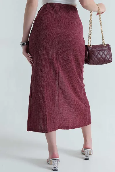 Bordo Yırtmaçlı Krinkıl Kadın Etek 465368