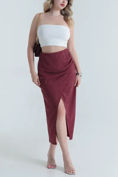 Bordo Yırtmaçlı Krinkıl Kadın Etek 465368