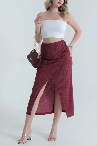 Bordo Yırtmaçlı Krinkıl Kadın Etek 465368