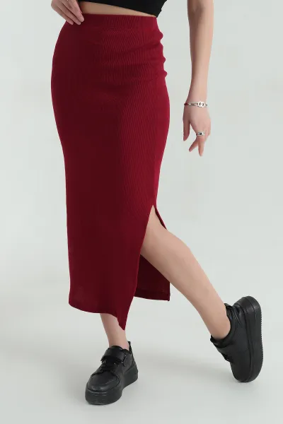 Bordo Yırtmaçlı Likralı Bel Lastikli Kadın Etek 346267