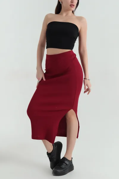 Bordo Yırtmaçlı Likralı Bel Lastikli Kadın Etek 346267