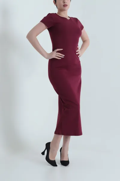 Bordo Yırtmaçlı Modal Kadın Elbise 448198
