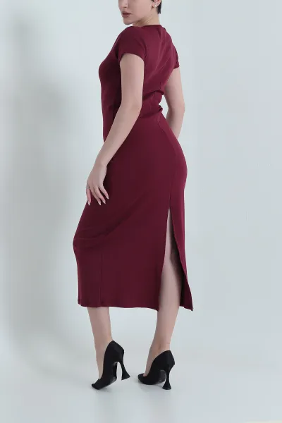 Bordo Yırtmaçlı Modal Kadın Elbise 448198