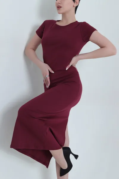 Bordo Yırtmaçlı Modal Kadın Elbise 448198