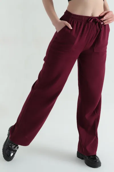Bordo Yüksek Bel Viskon Kadın Pantolon 354455