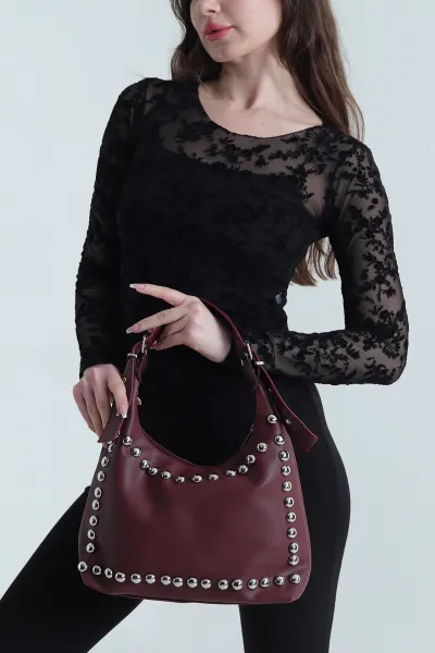 Bordo Zımba Detay Fermuarlı Kadın El Kol ve Omuz Çantası 455778