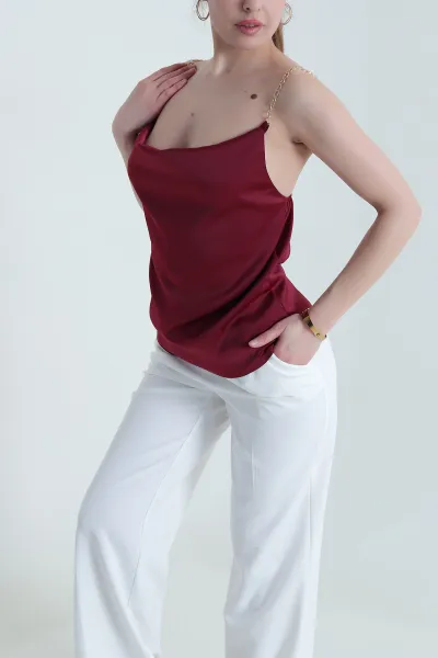 Bordo Zincir Askılı Kadın Saten Bluz 443535