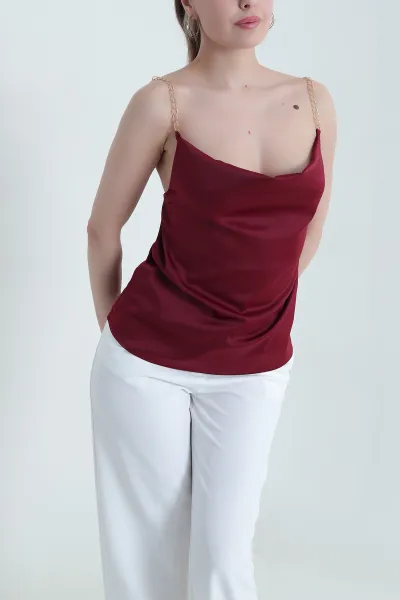 Bordo Zincir Askılı Kadın Saten Bluz 443535