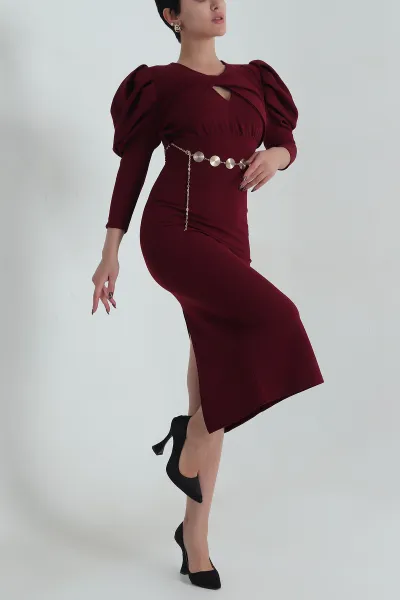 Bordo Zincir Kemerli İthal Crep Kadın Elbise 411345