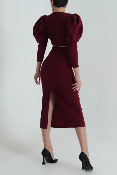 Bordo Zincir Kemerli İthal Crep Kadın Elbise 411345