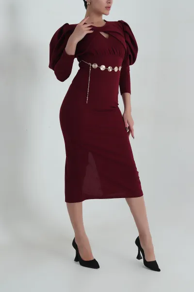 Bordo Zincir Kemerli İthal Crep Kadın Elbise 411345