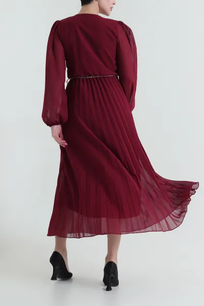Bordo Zincir Kemerli Şifon Kadın Elbise 433185