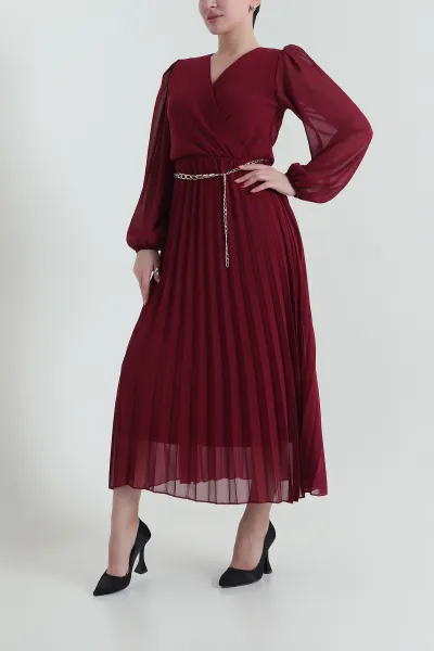 Bordo Zincir Kemerli Şifon Kadın Elbise 433185