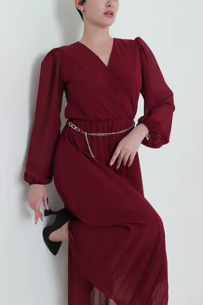 Bordo Zincir Kemerli Şifon Kadın Elbise 433185