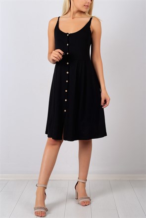 Boydan Düğmeli Askılı Siyah Bayan Elbise 8439B
