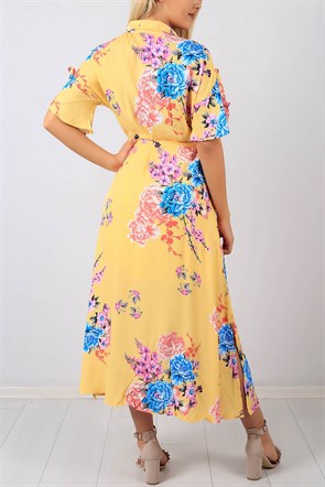Boydan Düğmeli Çiçek Desen Sarı Bayan Elbise 8516B