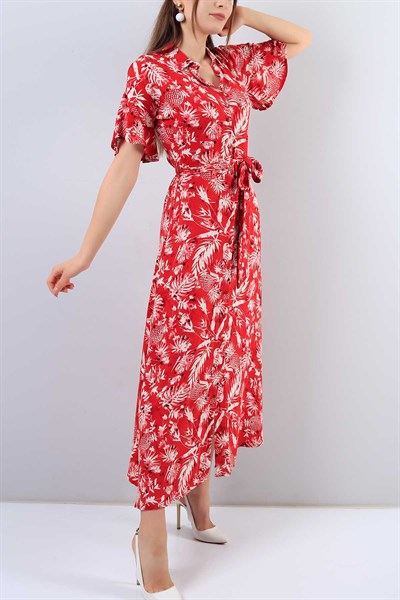Boydan Düğmeli Çiçek Desenli Kırmızı Elbise 16745B