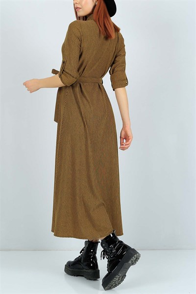 Boydan Düğmeli Hardal Kareli Elbise 24271B
