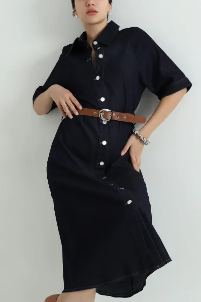 Boydan Düğmeli Kemerli Tencel Kot Elbise 368953