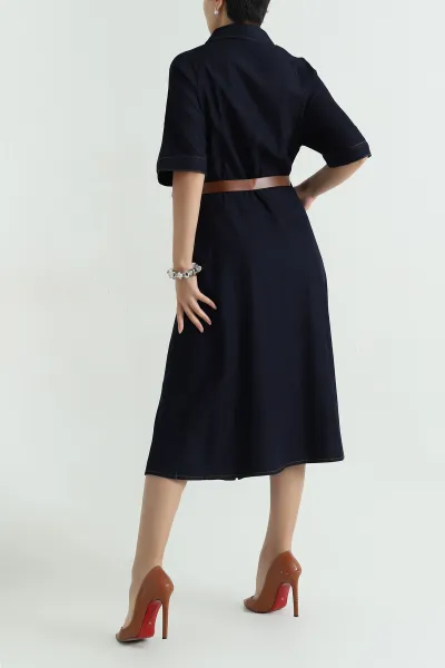 Boydan Düğmeli Kemerli Tencel Kot Elbise 368953