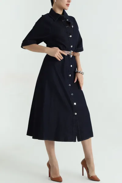 Boydan Düğmeli Kemerli Tencel Kot Elbise 368953