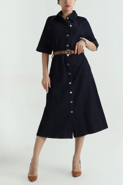 Boydan Düğmeli Kemerli Tencel Kot Elbise 368953