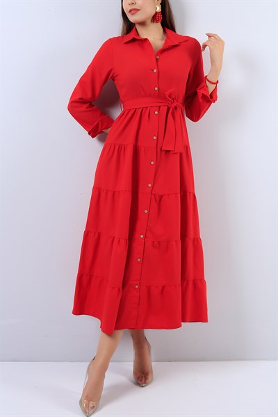Boydan Düğmeli Kırmızı Elbise 17293B