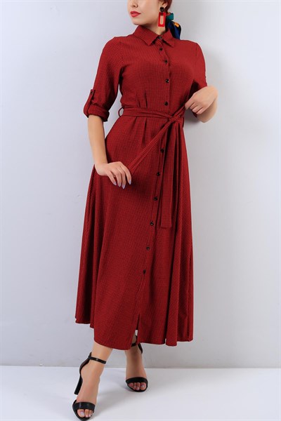 Boydan Düğmeli Kırmızı Kareli Elbise 18674B