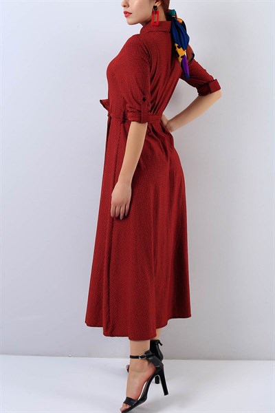 Boydan Düğmeli Kırmızı Kareli Elbise 18674B