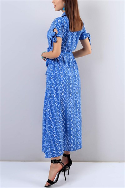 Boydan Düğmeli Mavi Elbise 17008B