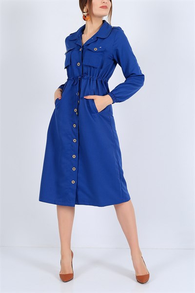 Boydan Düğmeli Mavi Keten Elbise 26157B