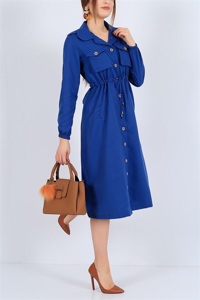Boydan Düğmeli Mavi Keten Elbise 26157B